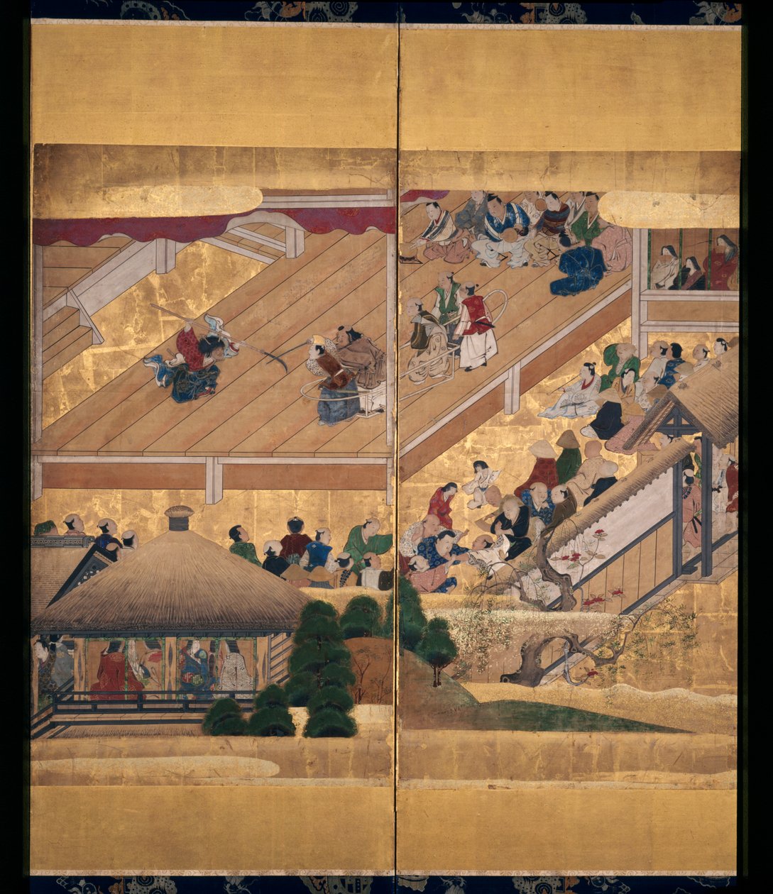 Noh Play: Funa Benkei (blæk, farver og guld på papir, skærm med seks paneler) af Unknown artist