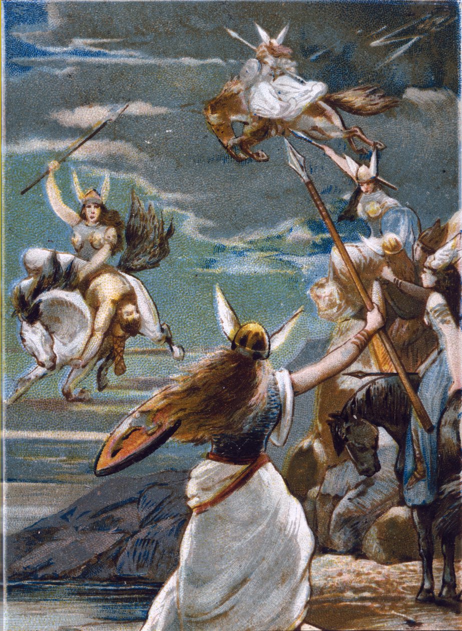 Nordisk mytologi: Walkyrierne (jomfrukrigere) i Valholl (eller Walhalla, Valhalla, Valhalle: sted, hvor modige krigere bringes) og krigeres fald i kamp. kromolitografi fra det 19. århundrede af Unknown artist