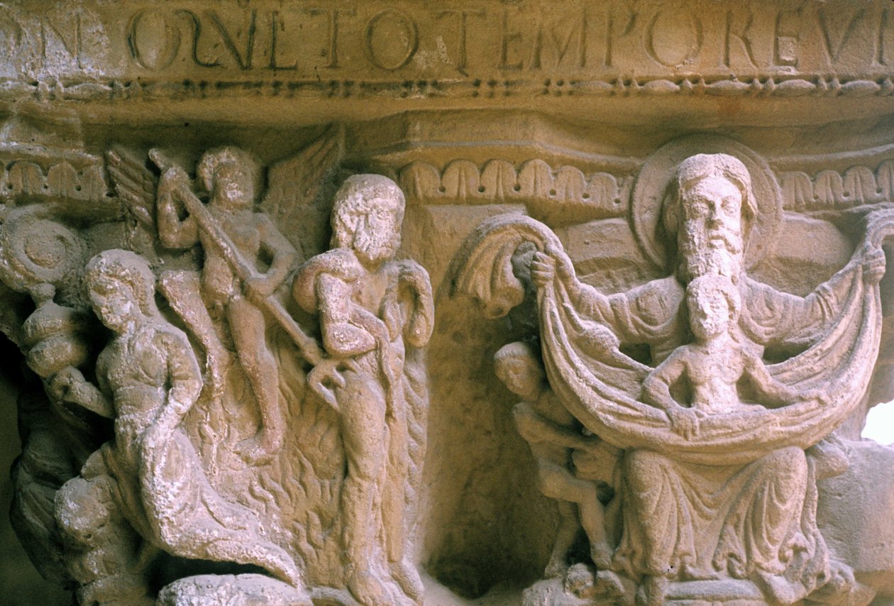 Norman Art i Monreale (Sicilien): hovedstæder i Benediktinernes Cloitre, der repræsenterer Kristus og Gud. af Unknown artist