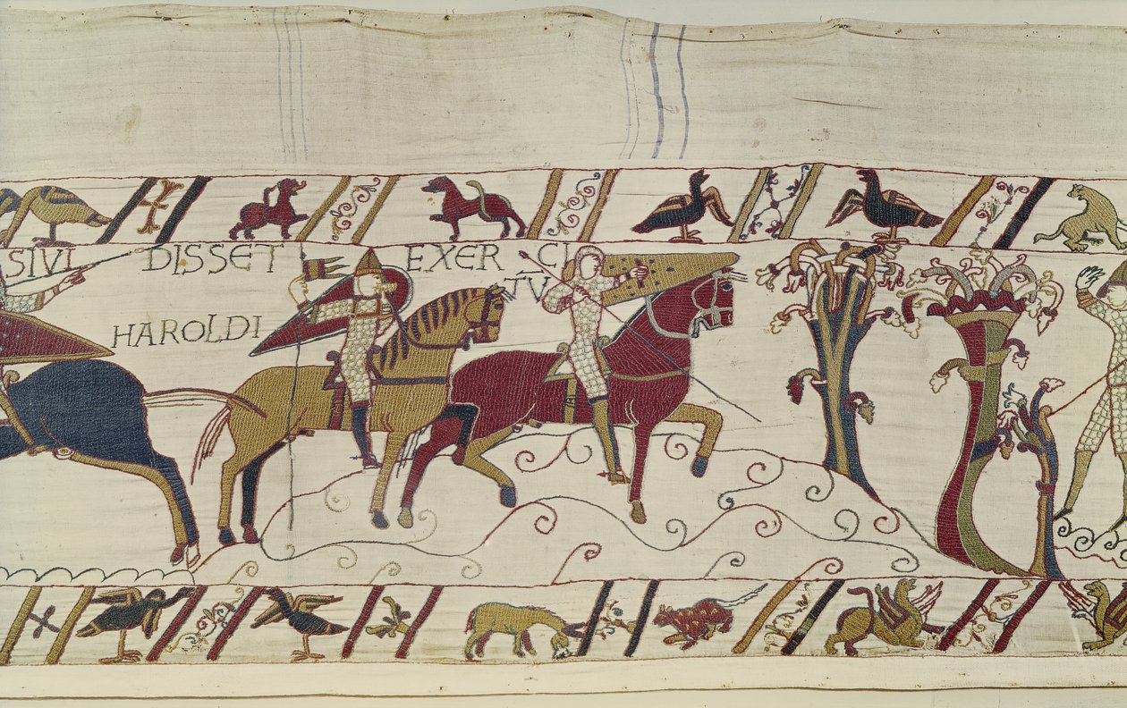 Normanniske spejdere sendes i forvejen for at se Harolds bevægelser, Bayeux Tapestry (uldbroderi på linned) af Unknown artist