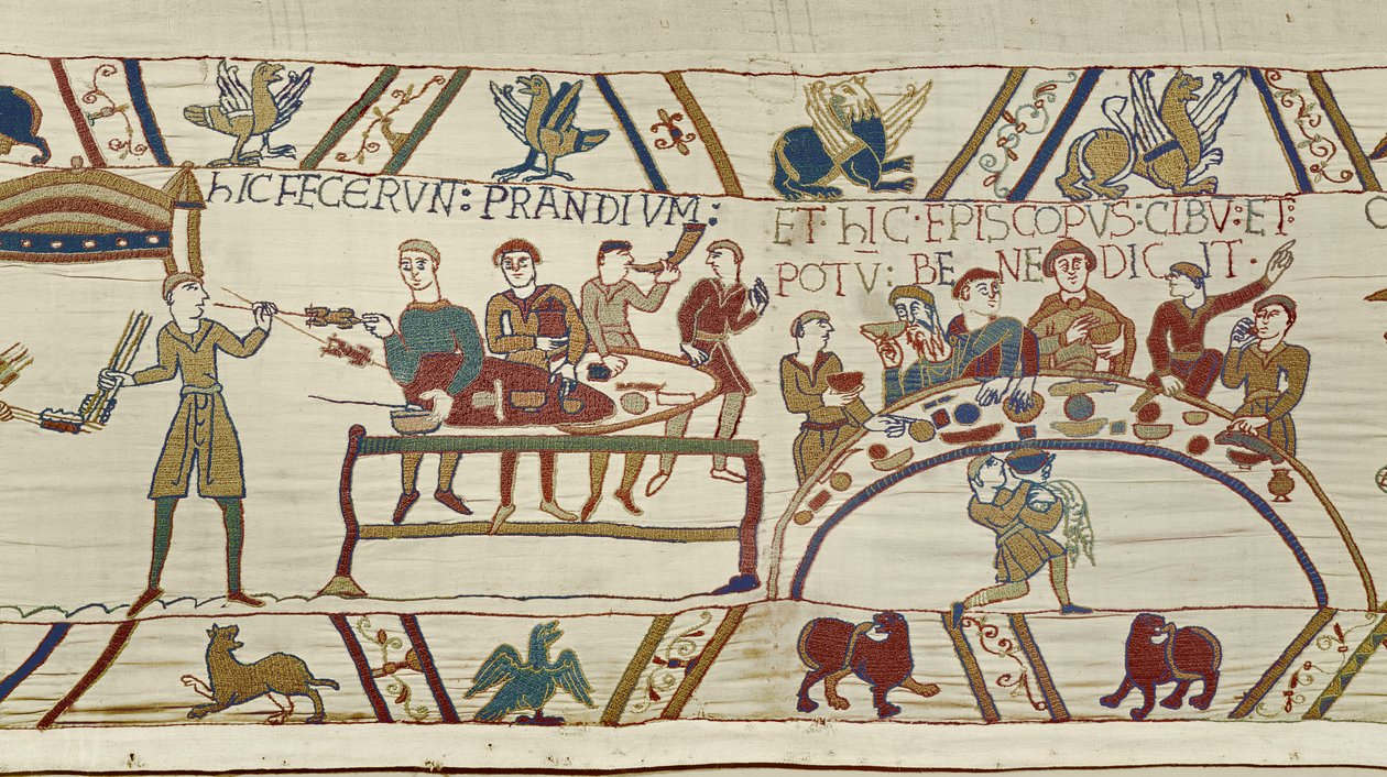 Normanniske tjenere forbereder en banket for William, og biskop Odo velsigner måltidet, Bayeux Tapestry (uldbroderi på linned) af Unknown artist