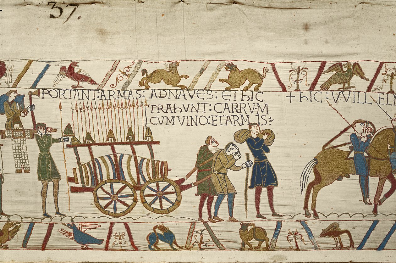 Normannere trækker en vogn fyldt med vin og våben, Bayeux-tapet (uldbroderi på hør) af Unknown artist