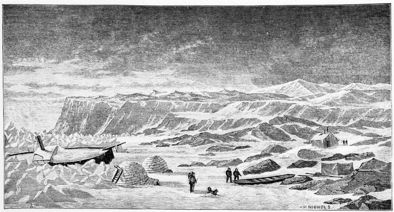 Nordpolen: Igloer og isbryderbåd (Ice Breeze), tegning, forår 1873. af Unknown artist
