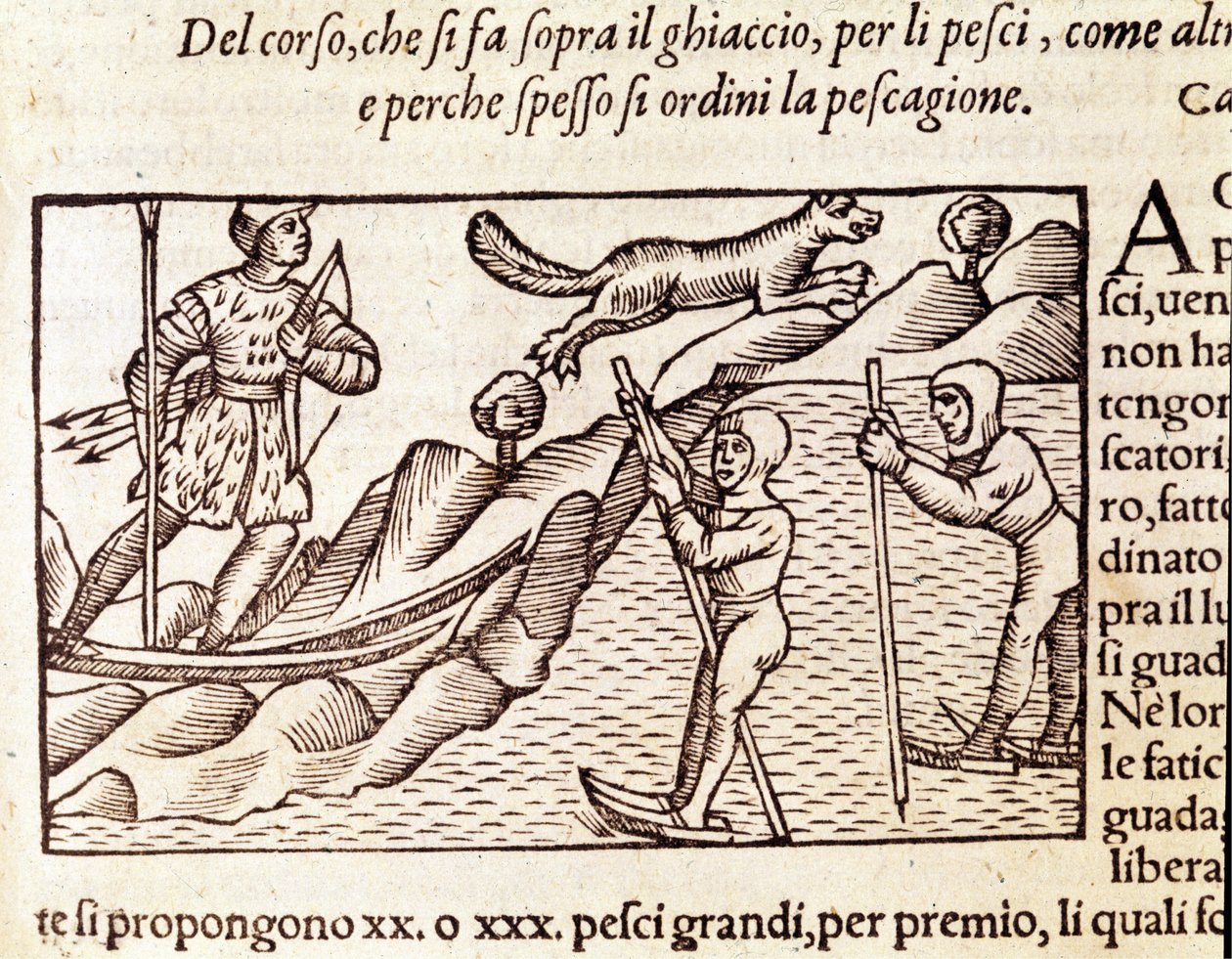 Norske jægere bevæger sig gennem ski. gravering af Olaus Magnus (1490 - 1557), svensk religiøs og geograf, "Historia de Gentis Septentrionalibus", Venedig af Unknown artist
