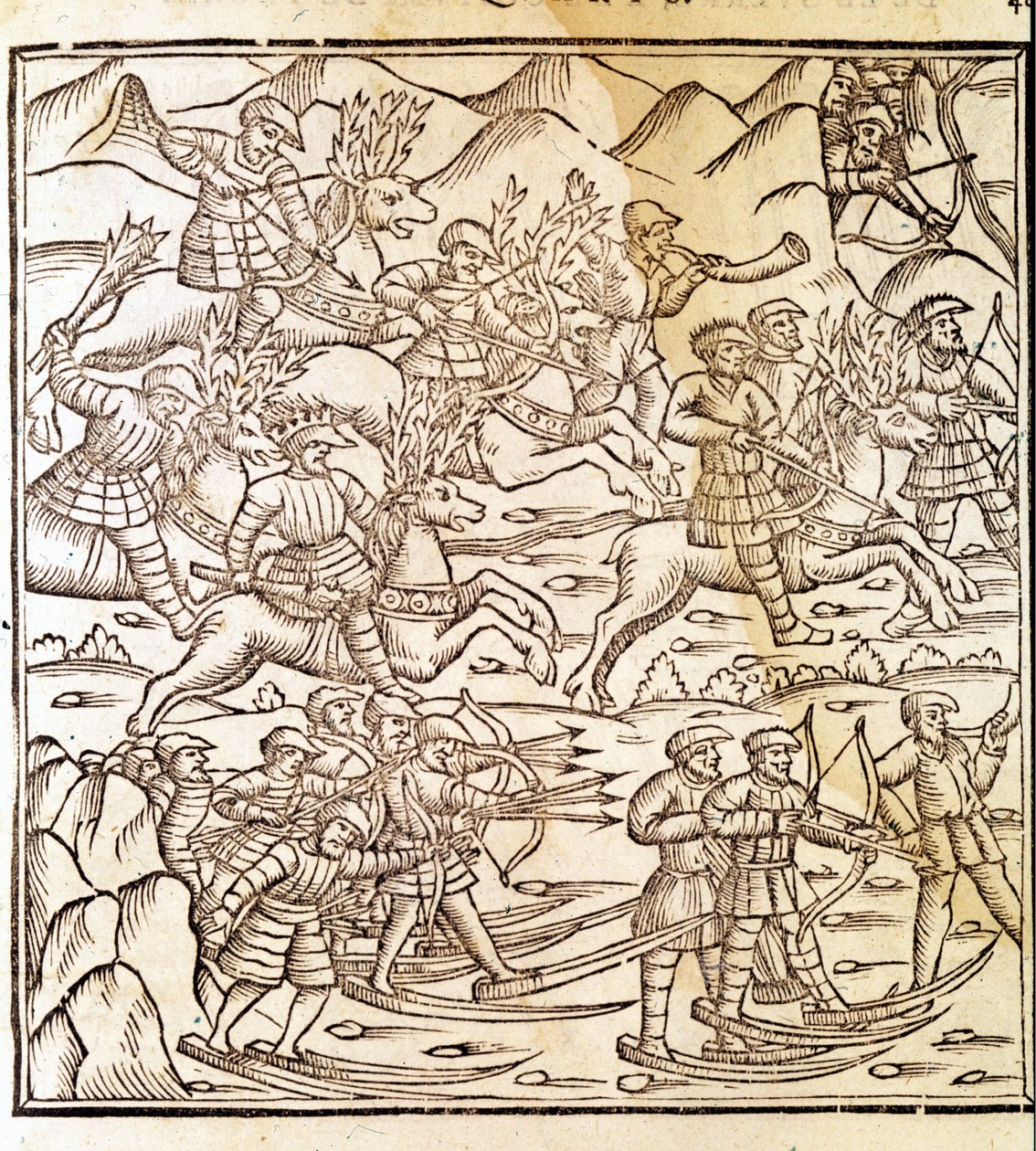 Norske jægere, der rejser på ski og rensdyr. Gravering af Olaus Magnus (1490 - 1557), svensk religiøs og geograf, "Historia de Gentis Septentrionalibus", Venedig af Unknown artist