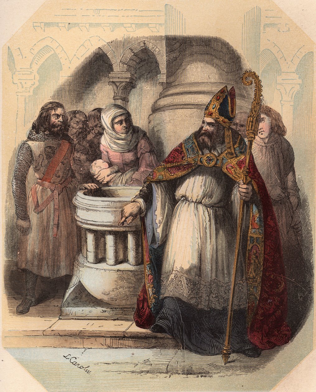 Notger (930-1008) (Notker af Liege), eveque af Liege, under dåben af Otton III (980-1002), konge af Tyskland. Indgravering fra 1868 i "Histoire de Belgique fra primitiv tid til slutningen af Leopold I