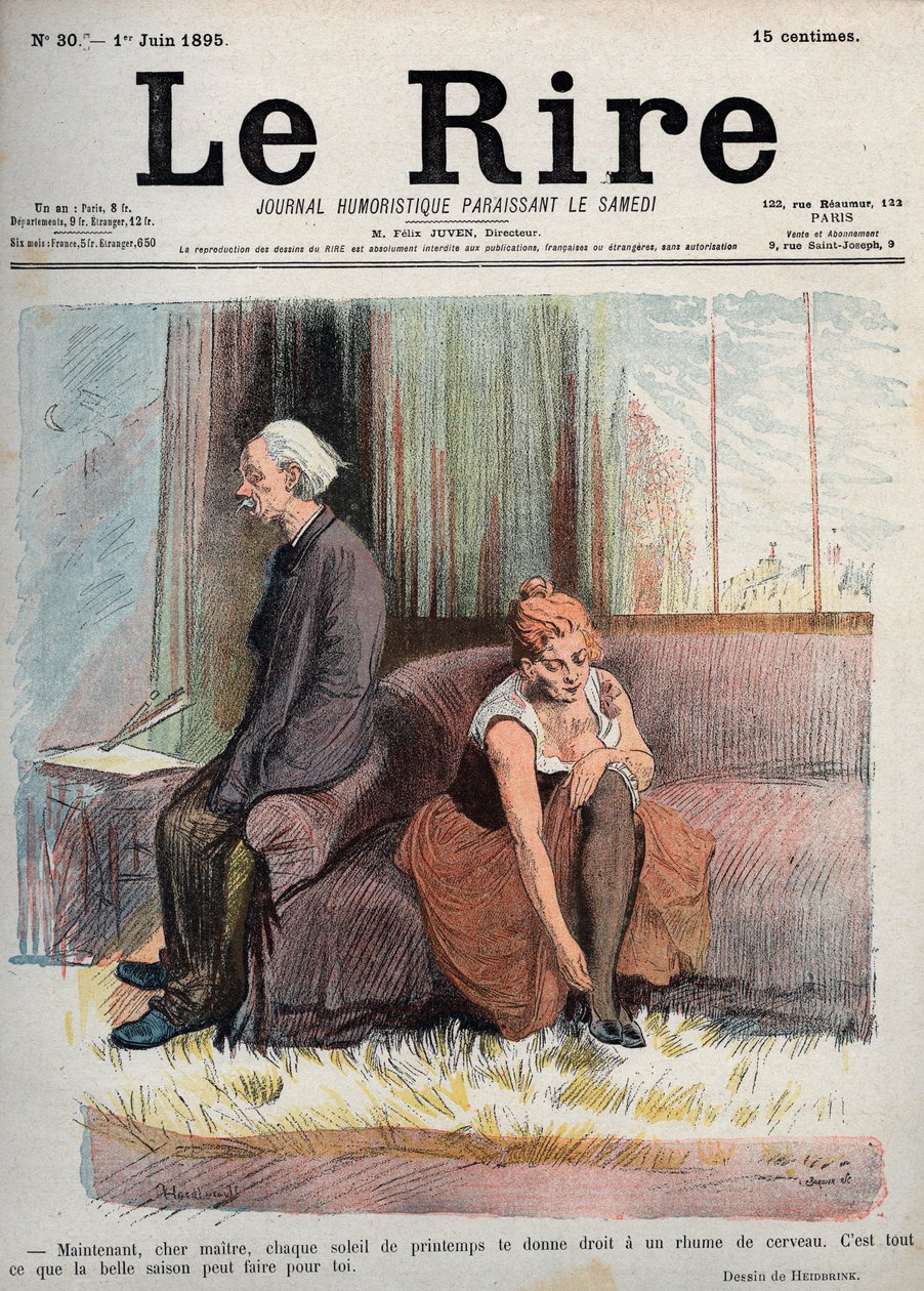 Nu kære mester giver hver forårssol dig ret til en hjerneforkølelse, det er alt hvad den gode årstid kan gøre for dig - tegning af Oswald Heidbrink i "" The Laughter Humoristic Journal udkommer på lørdag"" Nummer 30. 1. juni af Unknown artist