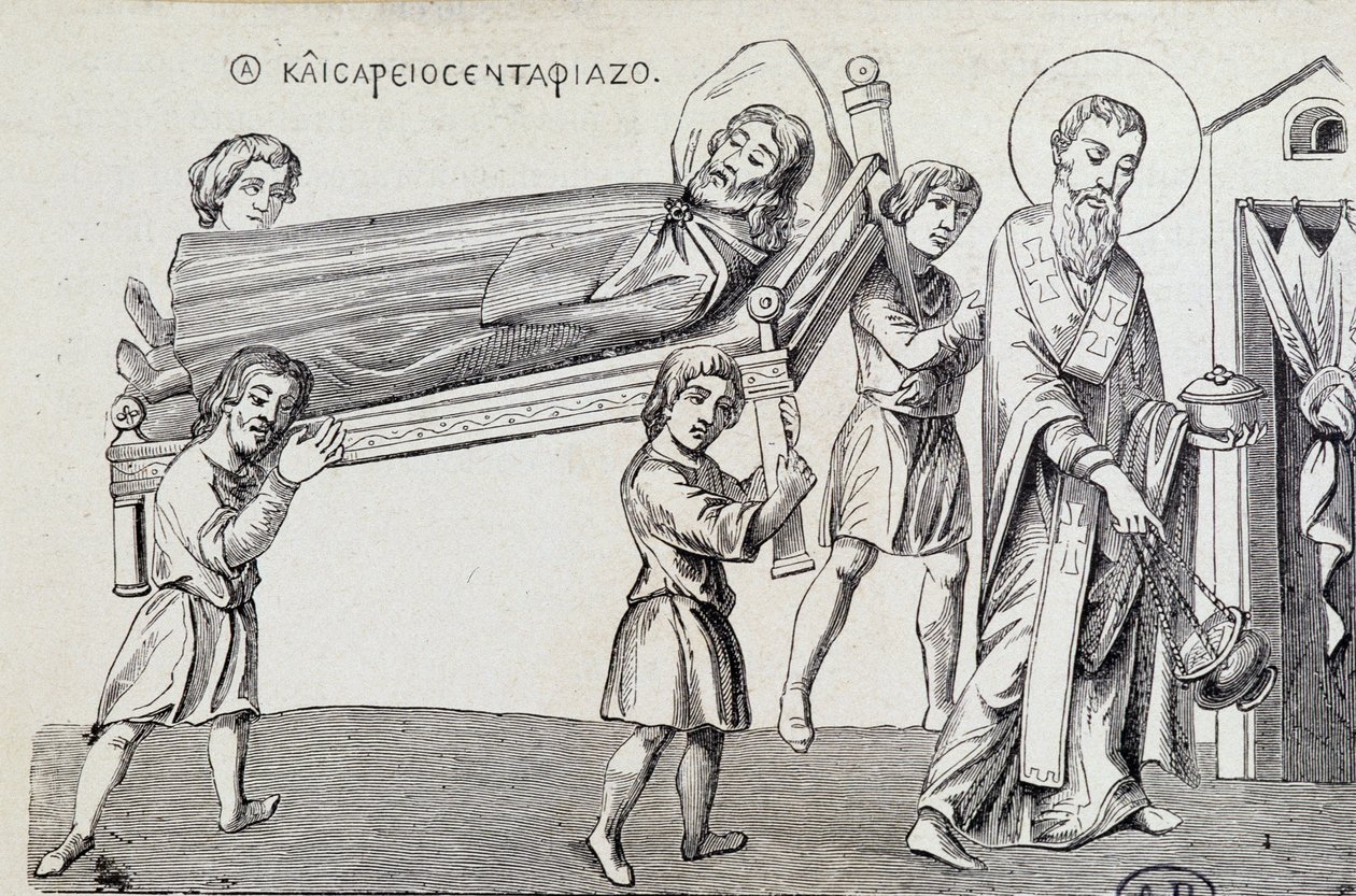 Obseque af Saint Cesaire af hans bror Saint Gregoire, fra det 9. århundredes græske dok af Unknown artist