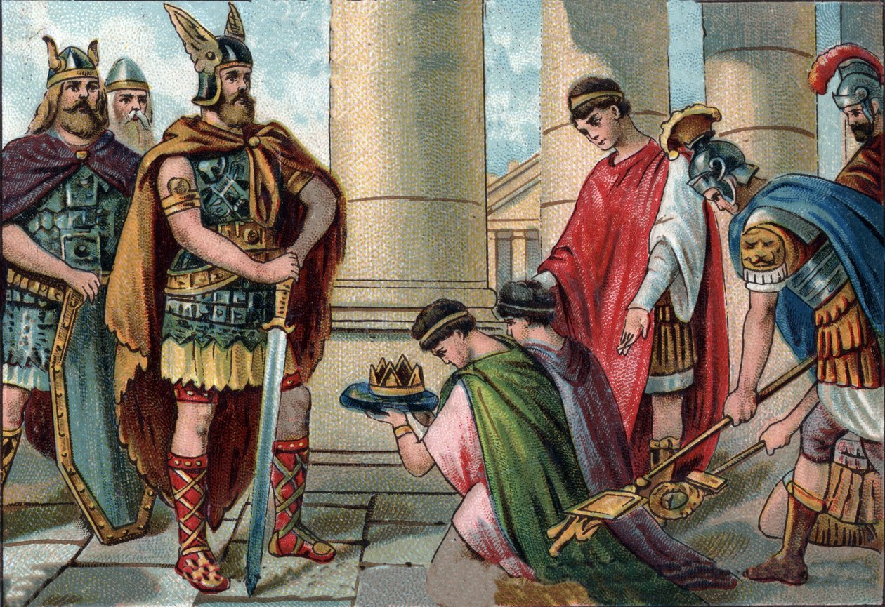 Odoacre (Odovacar, 435-493), høvding for Herulerne, forpligter Romulus Augustules abdikation, på latin Flavius Romulus Augustus (eller Romulus Augustulus (i den). Romolo Augustolo), omkring 460 - 511), den sidste romerske kejser af vest i 476. Kromolitogra af Unknown artist
