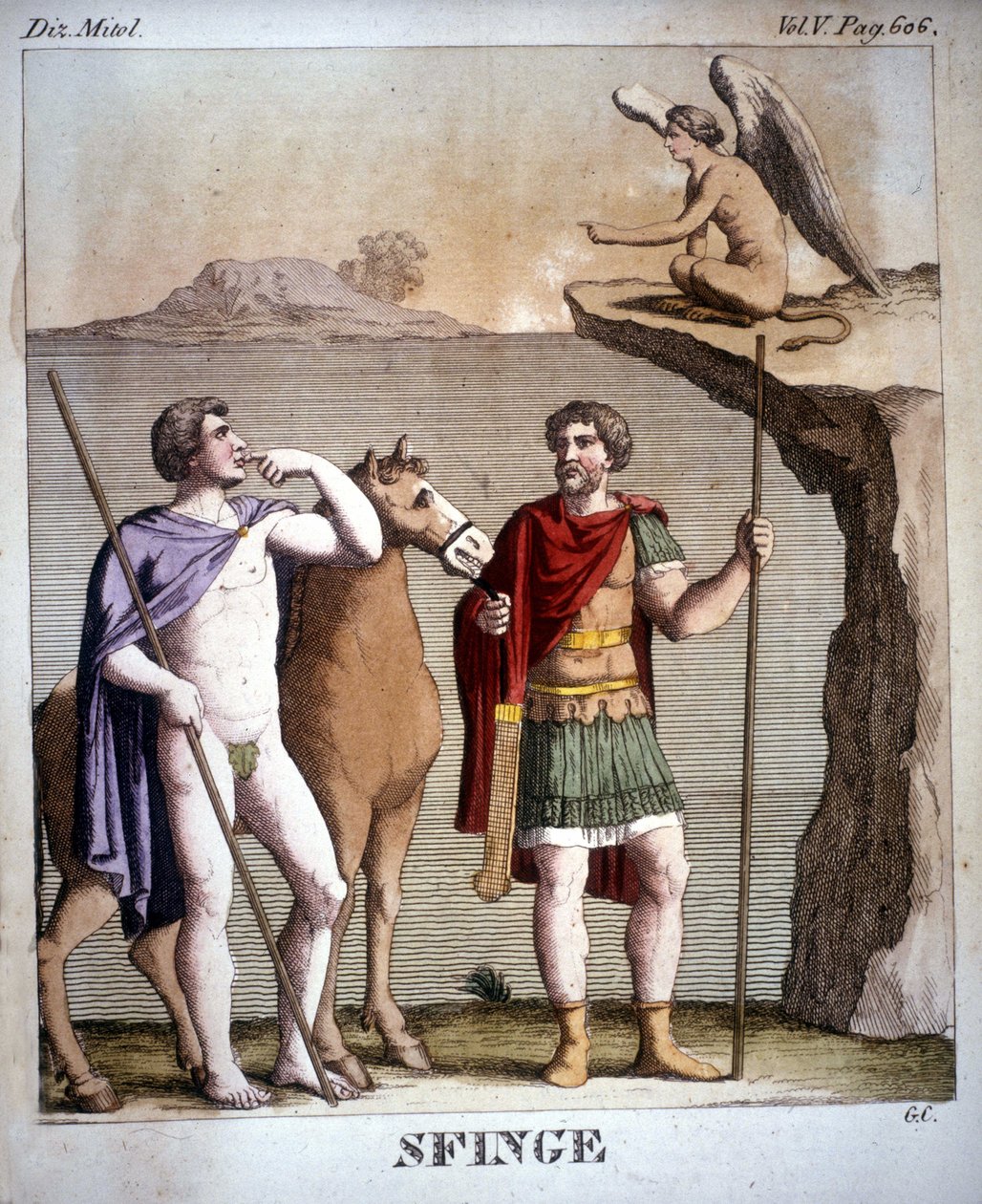Ødipus og sfinksen - i "" Dizionario mitologico"", stik fra det 19. århundrede, Bibl. di Brera, Milano. af Unknown artist