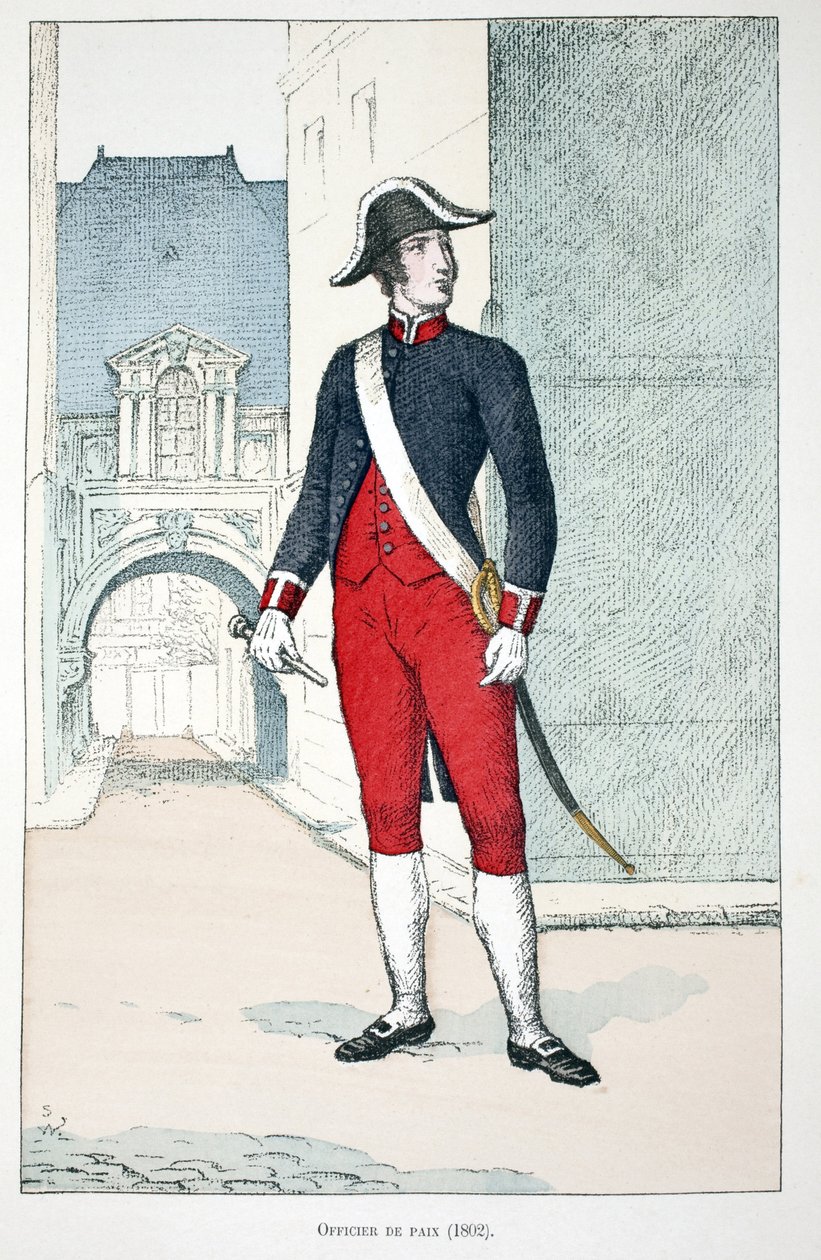 Fredsofficer (1802). Radering i farver, til illustration "" Histoire du corps des gardes de la paix""" bog udgivet i regi af Louis Lepine (1846-1933), præfekt for politiet på Seinen, af Alfred Rey (1864-?) og Louis Feron (1862-?), af Unknown artist