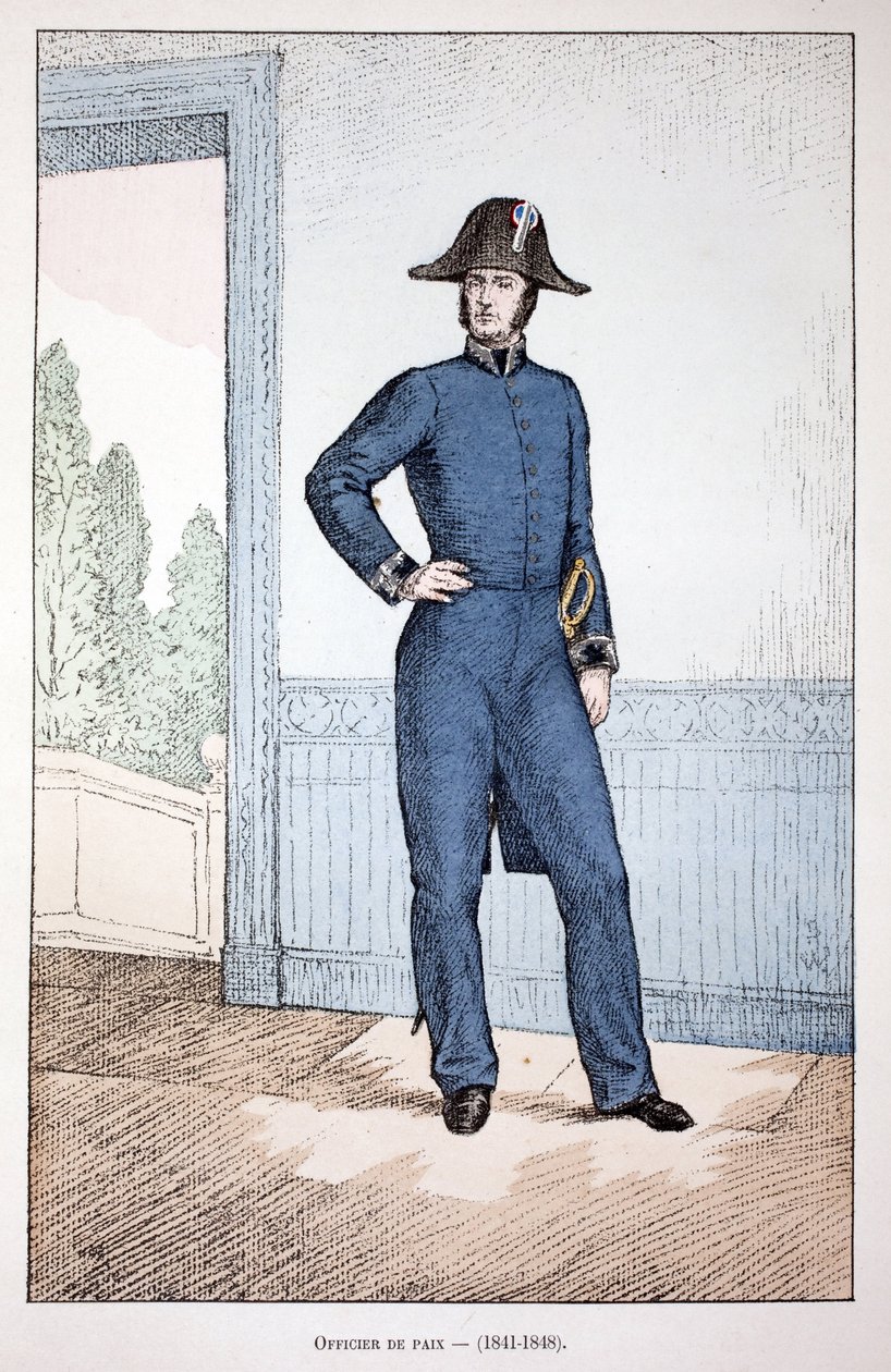 Fredsofficer (1841-1848). Ætsning i farver, til illustration "" History of the corps of peacekeepers""" bog udgivet i regi af Louis Lepine (1846-1933), præfekt for politiet på Seinen, af Alfred Rey (1864-?) og Louis Feron (1862) - af Unknown artist