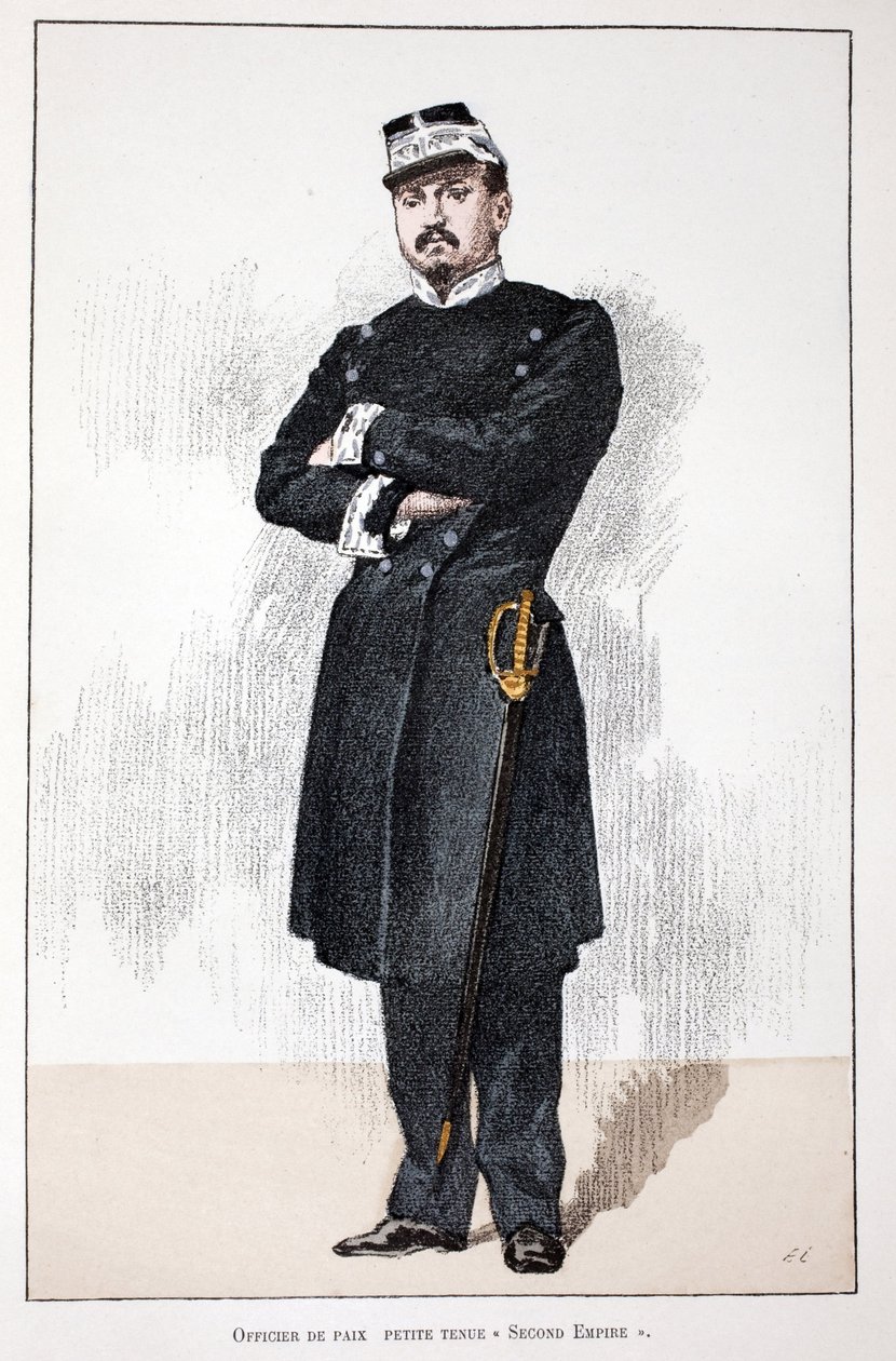 Fredsofficer, Small Second Empire Dress (1852-1870). Radering i farver, til illustration "" History of the Corps of Peacekeepers""" bog udgivet i regi af Louis Lepine (1846-1933), præfekt for politiet på Seinen, af Alfred Rey (186) af Unknown artist