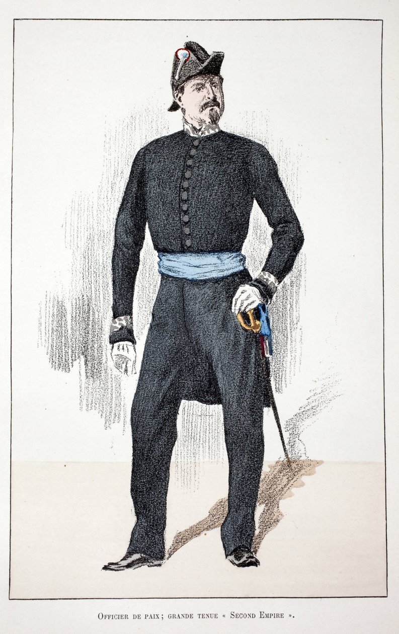 Fredsofficer, Det Store Andet Rige (1852-1870). Radering i farver, til illustration "History of the Corps of Peacekeepers""" bog udgivet i regi af Louis Lepine (1846-1933), præfekt for politiet på Seinen, af Alfred Rey (1864- af Unknown artist