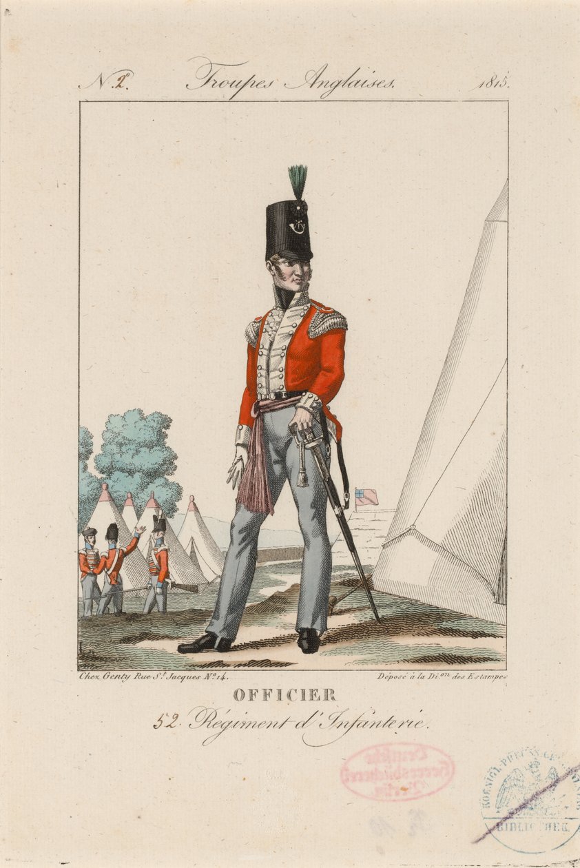 Officer 52 Regiment dInfanterie, ca. 1815 (farvegravering) af Unknown artist
