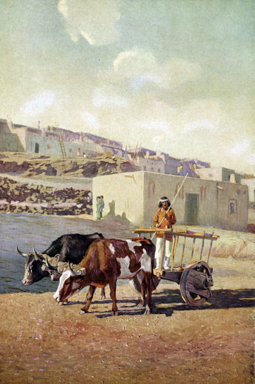 Gammel caretta (vogn) trukket af to okser, kørt af en indianer fra Pueblo-folket i Laguna, New Mexico af Unknown artist