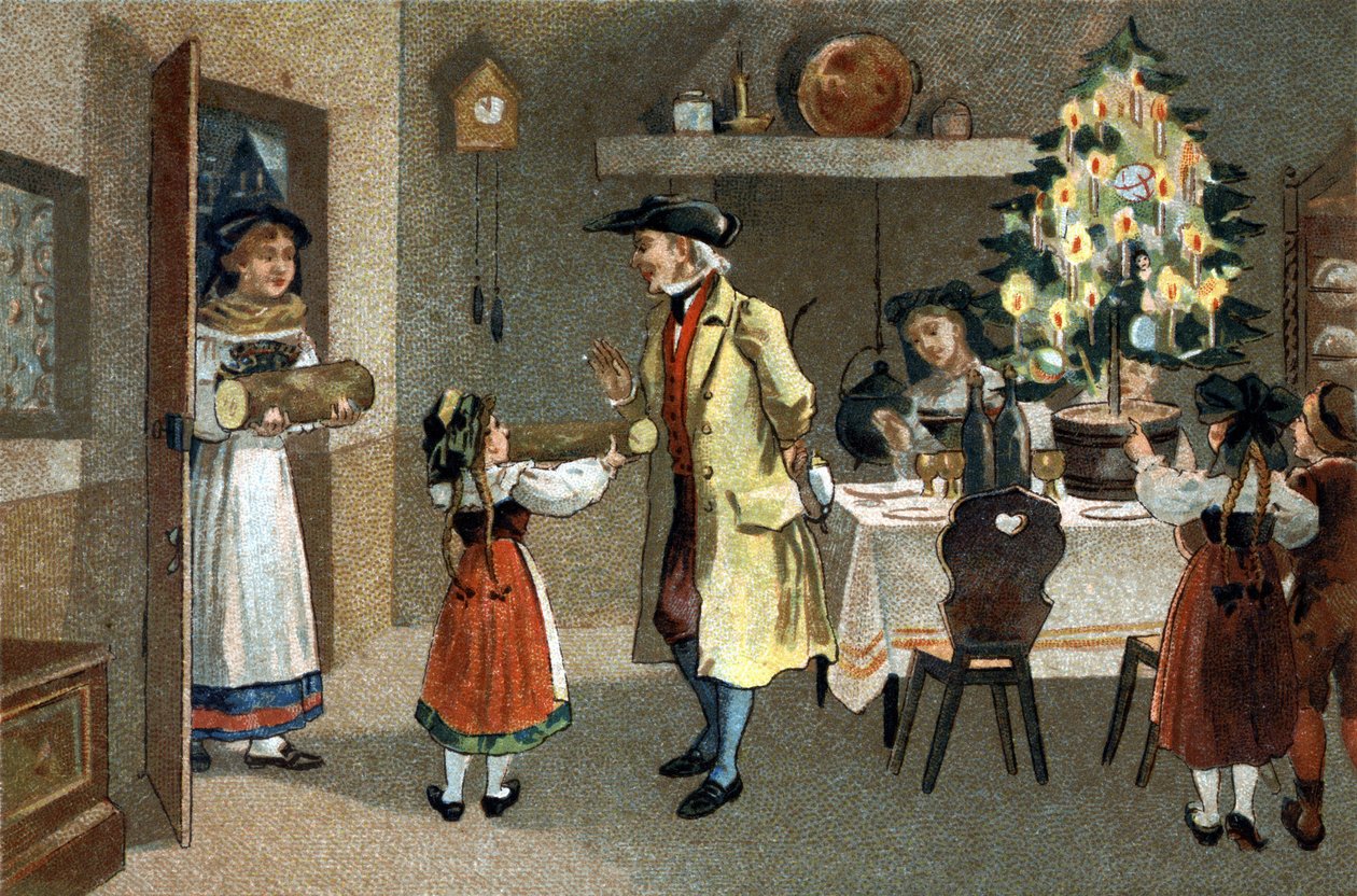 Gammel skik, der fejres i Alsace-regionen: julebusken. Kromolitografi i slutningen af det 19. århundrede. af Unknown artist