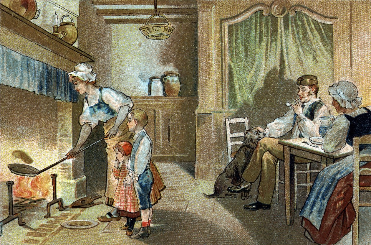 Gammel skik, der fejres i Berry-regionen: lysestagepandekager. Kromolitografi i slutningen af det 19. århundrede. af Unknown artist