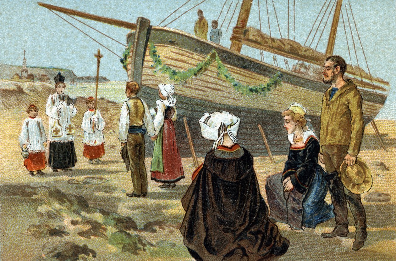 Gammel skik, der fejres i Bretagne-regionen: dåb af en fiskerbåd. Kromolitografi i slutningen af det 19. århundrede. af Unknown artist