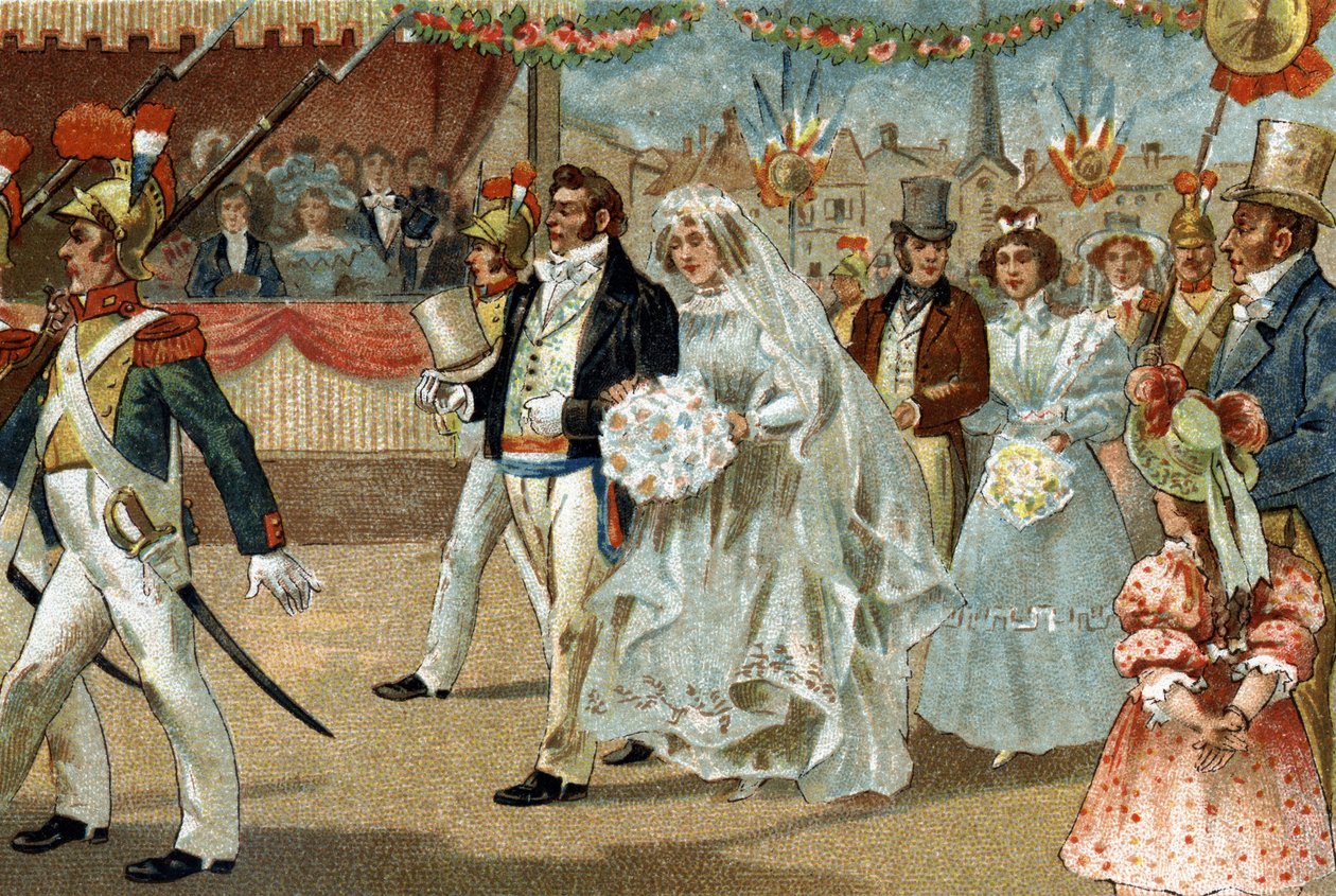 Gammel skik, der fejres i Ile de France-regionen: Rosière de Nanterre. Kromolitografi i slutningen af det 19. århundrede. af Unknown artist