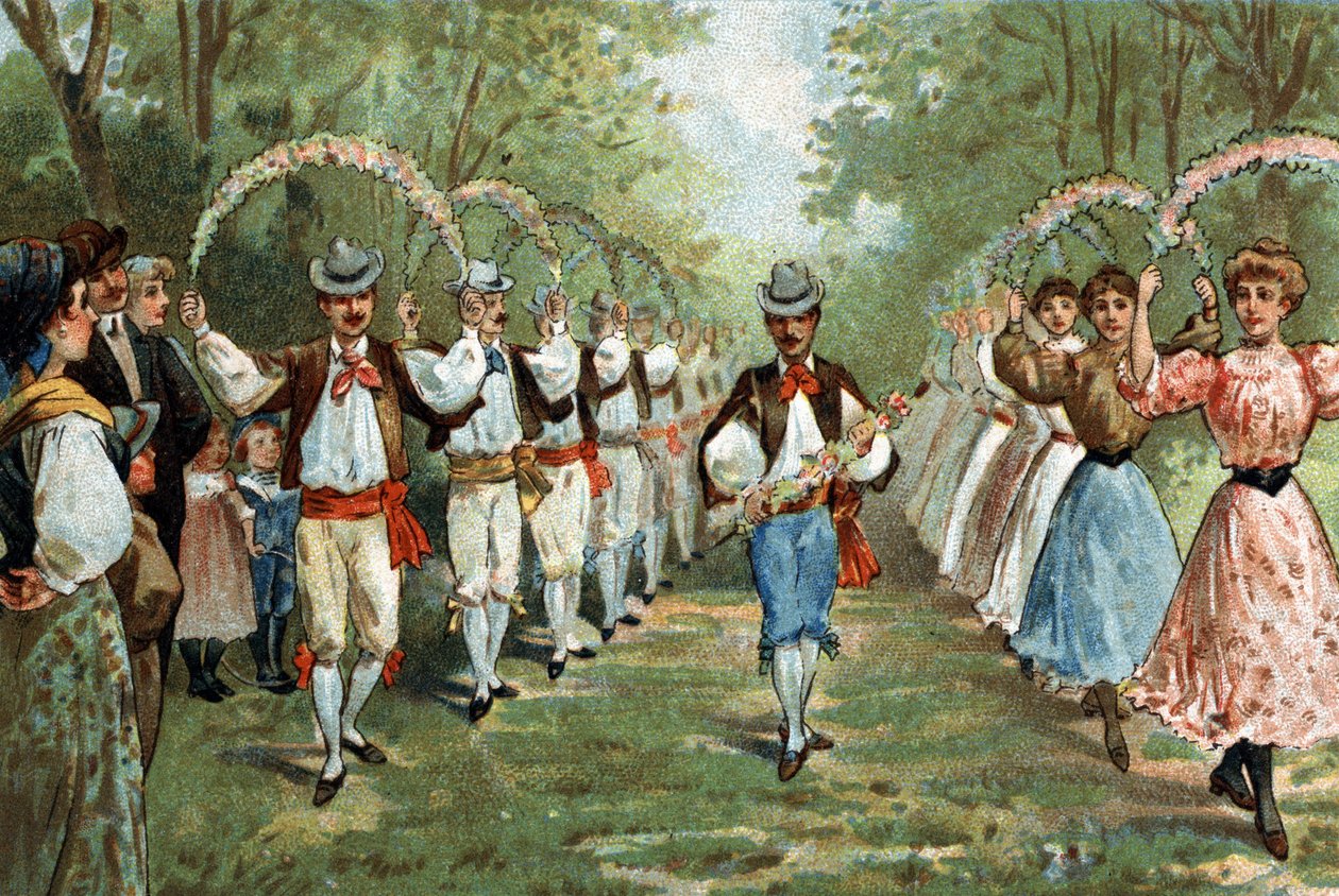 Gammel skik, der fejres i Languedoc-regionen: trellernes dans. Kromolitografi i slutningen af det 19. århundrede. af Unknown artist