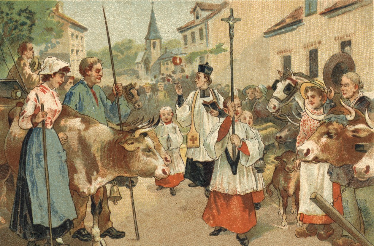 Gammel skik, der fejres i Nivernais-regionen: besætningernes velsignelse. Kromolitografi i slutningen af det 19. århundrede. af Unknown artist