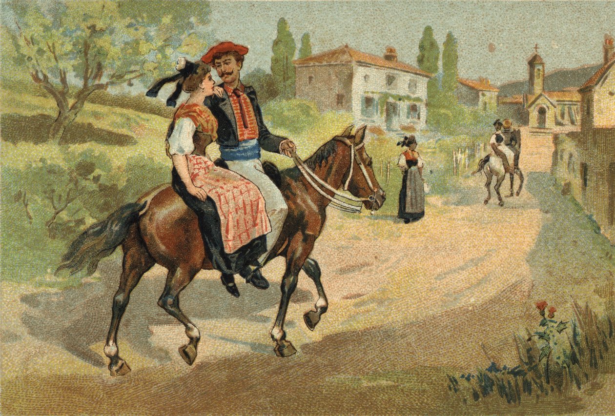 Gammel skik fejret i Provence-regionen: forsamlingen af Camarguais. Kromolitografi i slutningen af det 19. århundrede. af Unknown artist