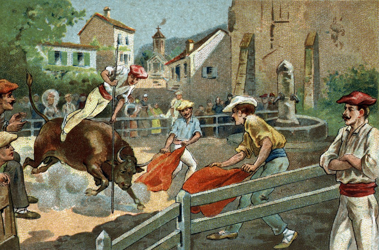 Gammel skik, der fejres i regionen Biscayen: Landaise-løb i en landsby. Kromolitografi i slutningen af det 19. århundrede. af Unknown artist