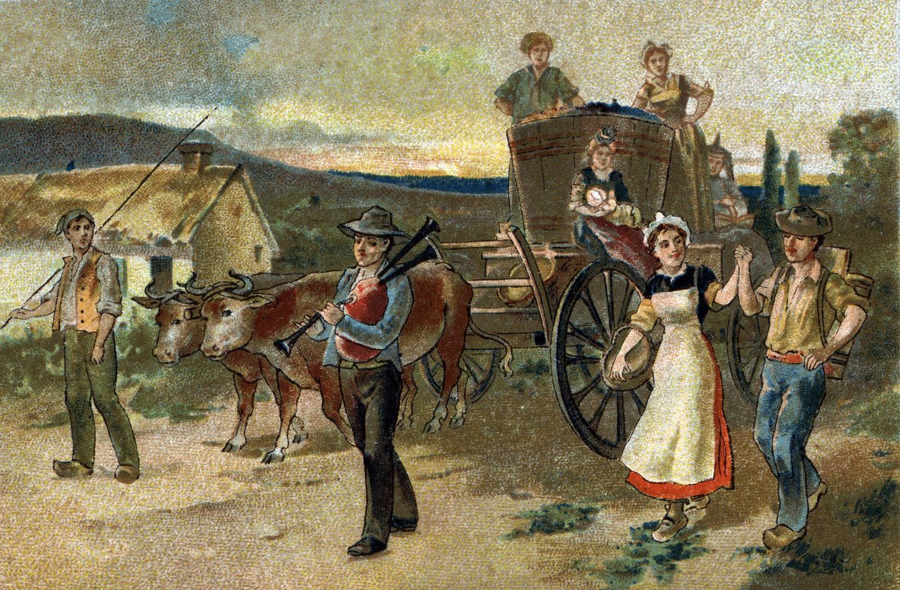 Gammel skik, der fejres i regionen Bourgogne: Høstfestival. Den sidste årgang. Kromolitografi i slutningen af det 19. århundrede. af Unknown artist