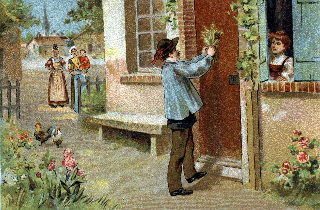 Gammel skik, der fejres i regionen Bourgogne: majfest. Kromolitografi i slutningen af det 19. århundrede. af Unknown artist