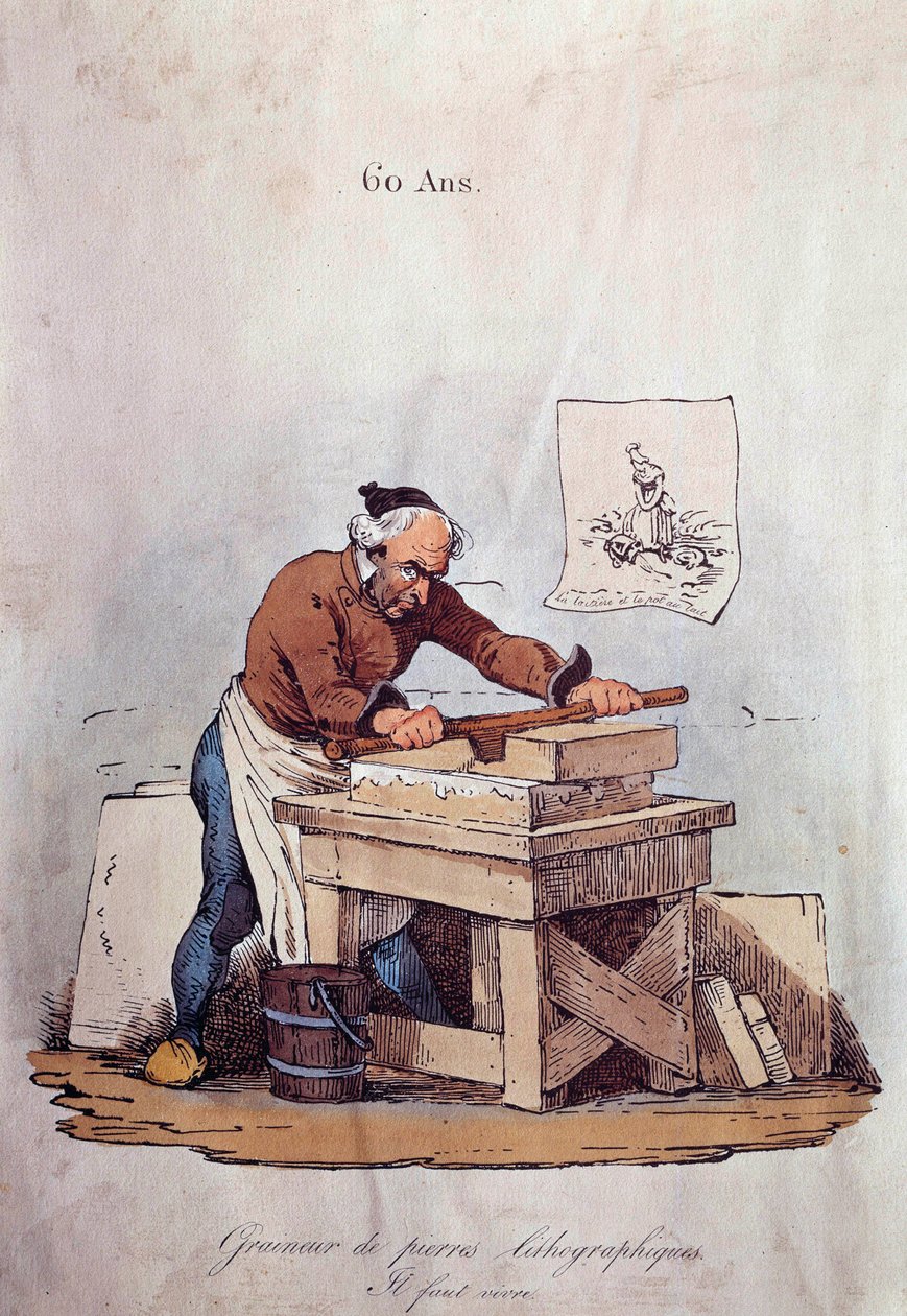 Gamle metier: den litografiske stenkorn. Dette er et af trinene i trykning af litografier, som består i at forberede stenen med blæk. Illustration af det 19. århundredes privatsamling af Unknown artist