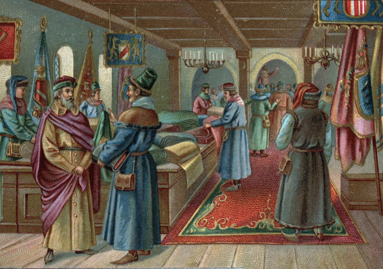 Gamle indkøbscentre: linnedhal i Brugge, Belgien i det 15. århundrede. Kromolitografi i slutningen af det 19. århundrede af Unknown artist