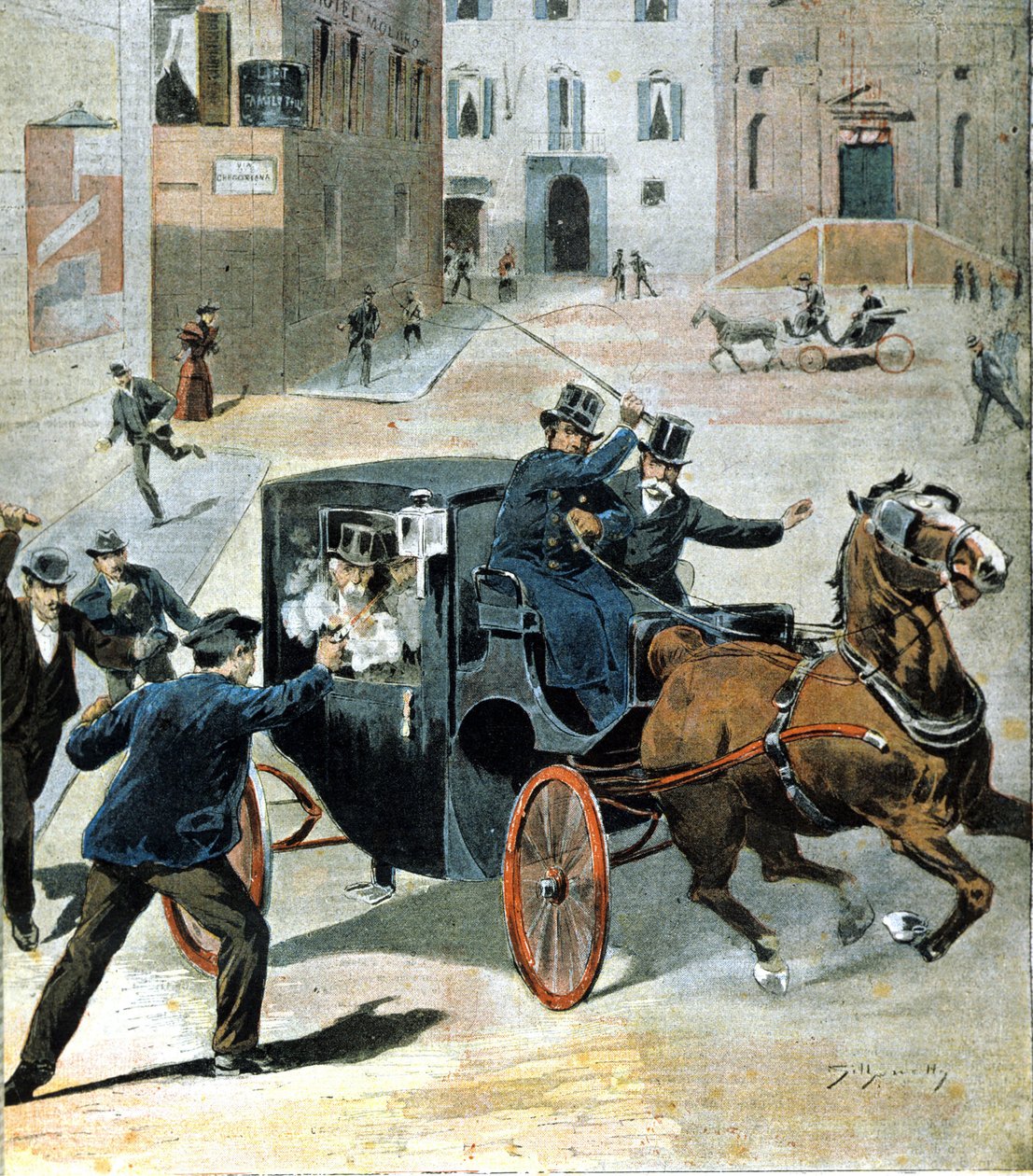 Den 16. juni 1894 i Rom affyrede anarkisten Paolo Lega en revolver mod Francesco Crispi, formand for det italienske råd. Illustration af perioden. af Unknown artist