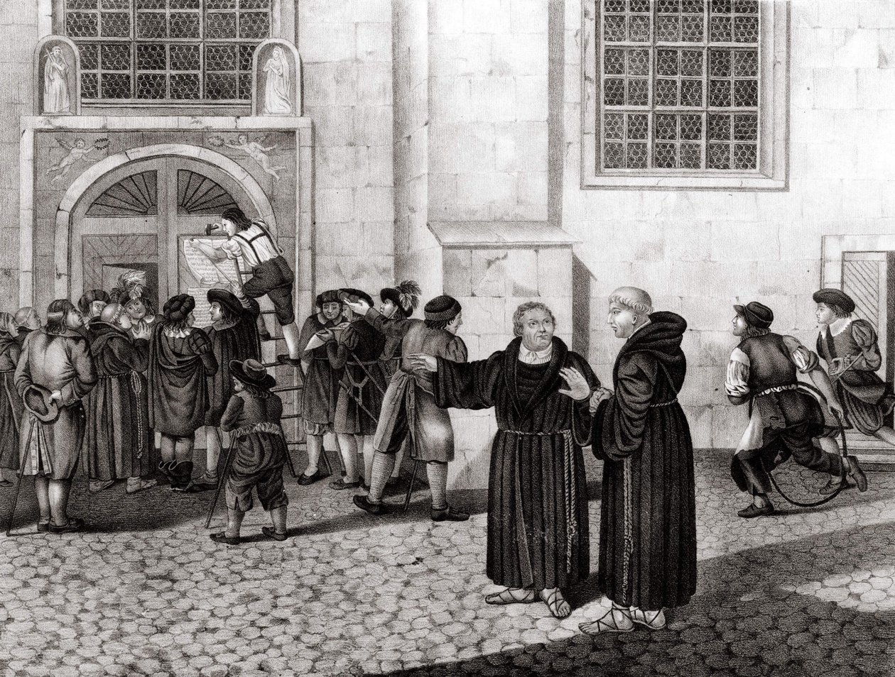 Den 31/10/1517 postede Luther på porten til Wittenberg Slot sine 95 teser "", der fordømte salget af afladsbreve, og som markerede begyndelsen på reformationen - grav. af Unknown artist