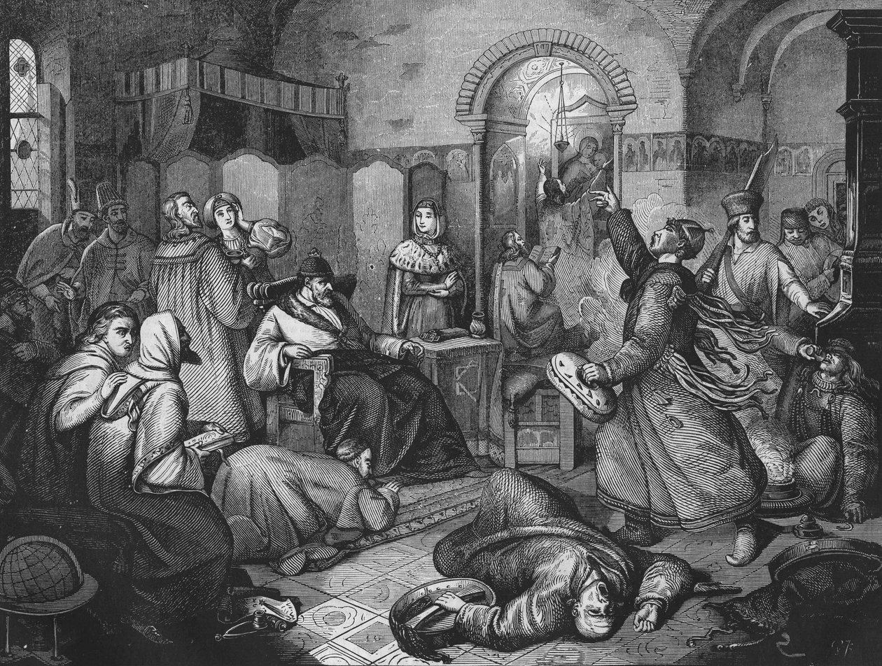 På den sidste dag af Ivan IV den Forfærdelige (1530-1584), tsar og storprins af Rusland, ved siden af ham hans smukke datter. stik fra 1860. af Unknown artist