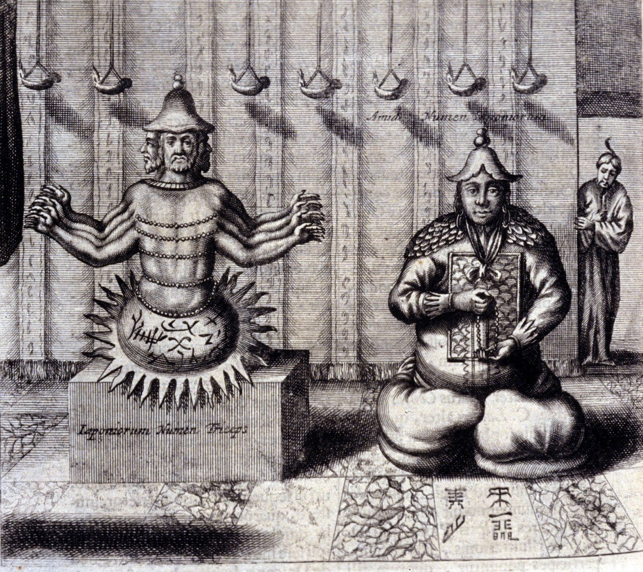 Til venstre har hinduistisk guddom otte arme, til højre Amida, japansk Buddha. "De China Monumenta" af Athanasius Kircher (1601 - 1680), jesuit, orientalist og tysk lærd, Amsterdam 1667. af Unknown artist