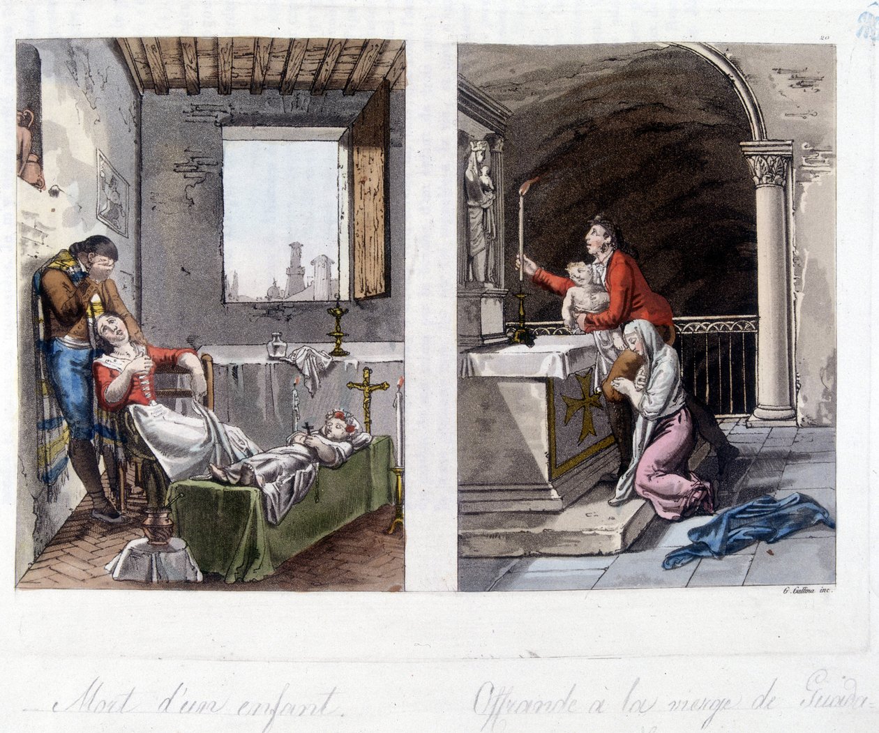Til venstre, et barns død og forældrenes sorg. Til højre et offer til jomfruen fra Guada Lupa. Litografi af det 19. århundrede af Unknown artist