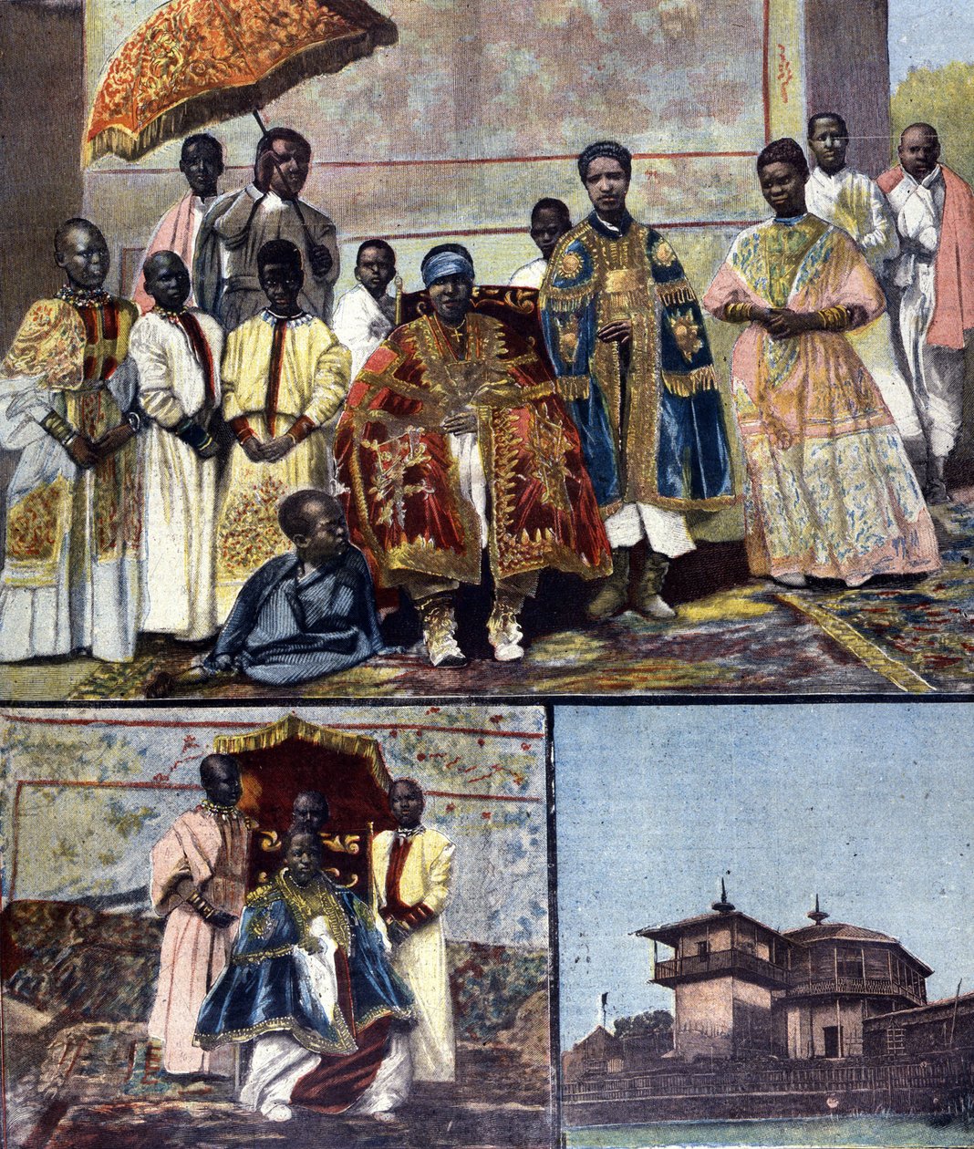 På toppen er Impress Taitou fra Etiopien, hustru til Menelik II og hans efterfølger. Nederst til venstre ses hans datter, den kommende dronning Zaouditou (1876 - 1930). Til højre, Kejserpaladset Ghebi i Addis Abeba. Ill. for slutningen af 1800-tallets pres af Unknown artist
