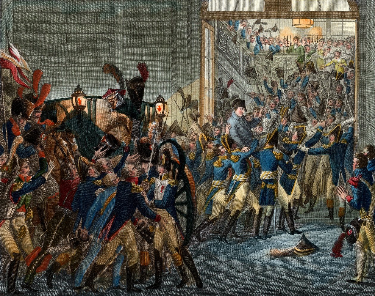 Et hundrede dage: "" Napoleon Bonaparte (1769-1821) vendte tilbage fra sit eksil på øen Elba - triumferende indtog den 20. marts 1815 i Palais des Tuileries - Gravering 1800-tallet af Unknown artist