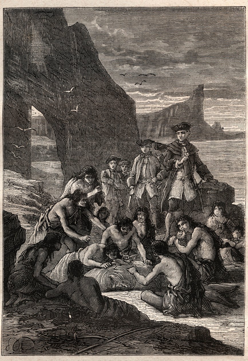 En af dem afkoblet med tænderne: Viceadmiral John Byron (1723-1786) på en af øerne i Detroit of Magellan - Fuegians (indbyggerne i Tierra del Fuego) decouperer med tænderne en hval, der var blevet revet og forstenet på stranden - syg af Unknown artist