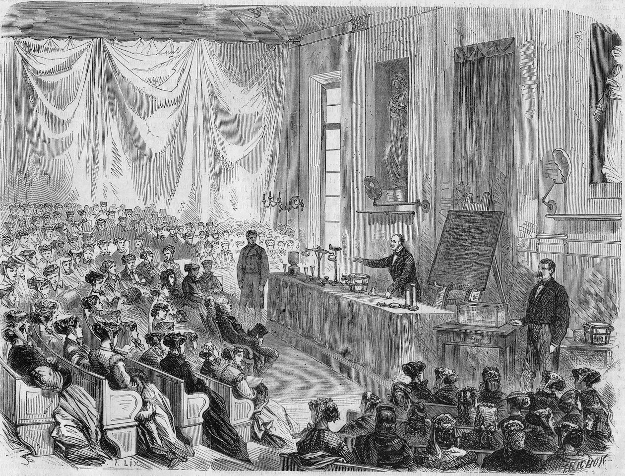 Åbning af kurser for unge piger på Sorbonne i 1867. Gravering fra tegningen af Mr. Lix af Unknown artist