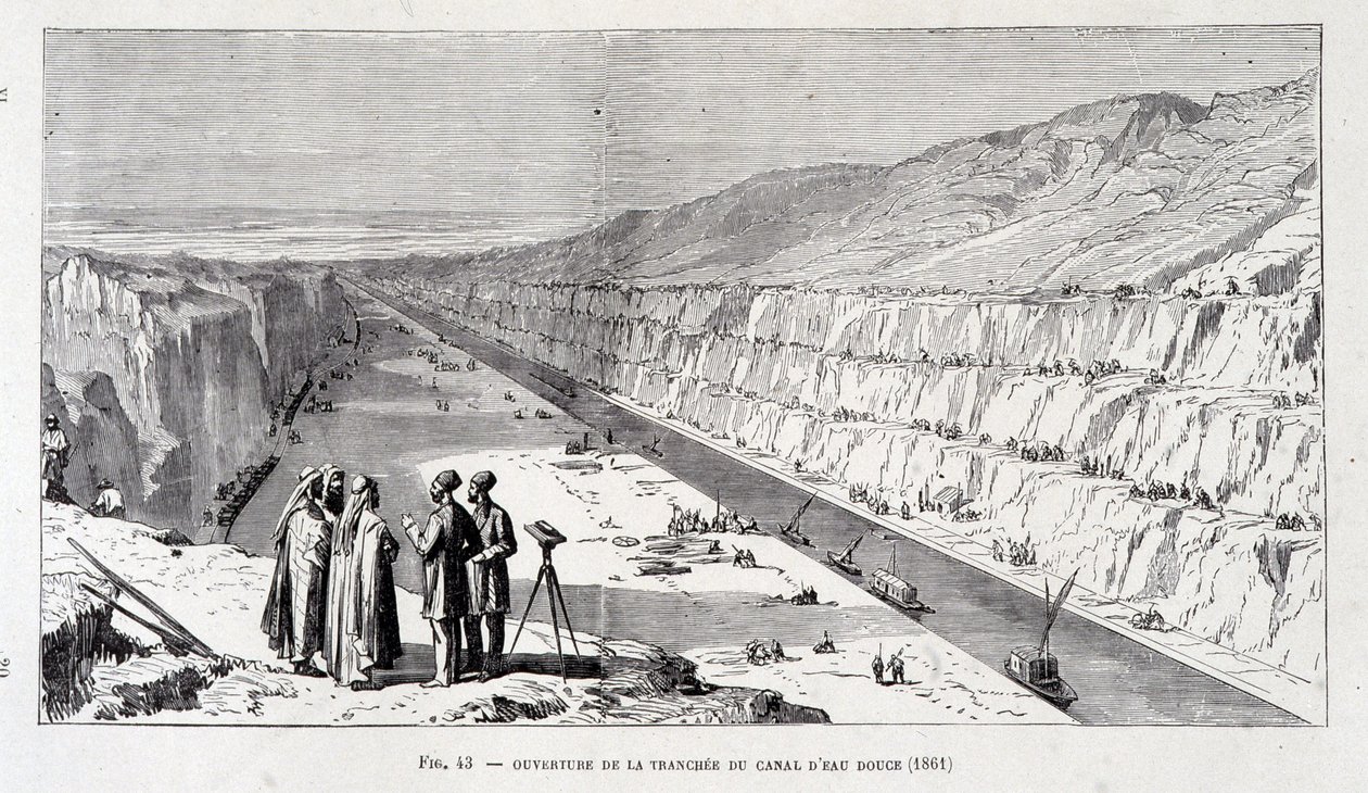 Åbning af grøften i Suez-kanalens ferskvandskanal af Unknown artist