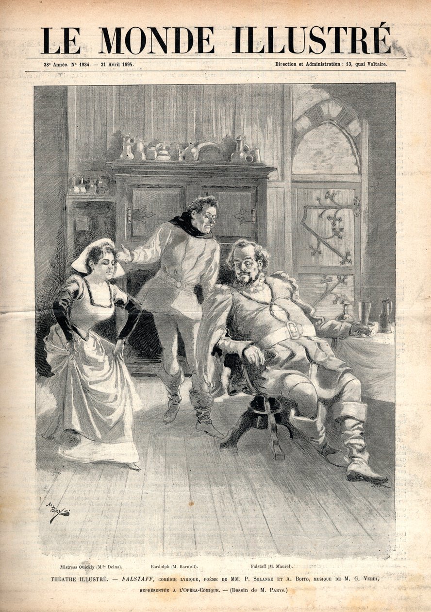 Opera "" Falstaff"" af Giuseppe Verdi (1813-1901), tre-akters lyrisk komedie af Arrigo (eller Enrico) Boito, repræsenteret ved operaen i Paris i 1894 med Victor Maurel, Marie Delna og Paul Fleuret (Barnolt) (1844) -1900) - Forside til "The Illustrous World af Unknown artist