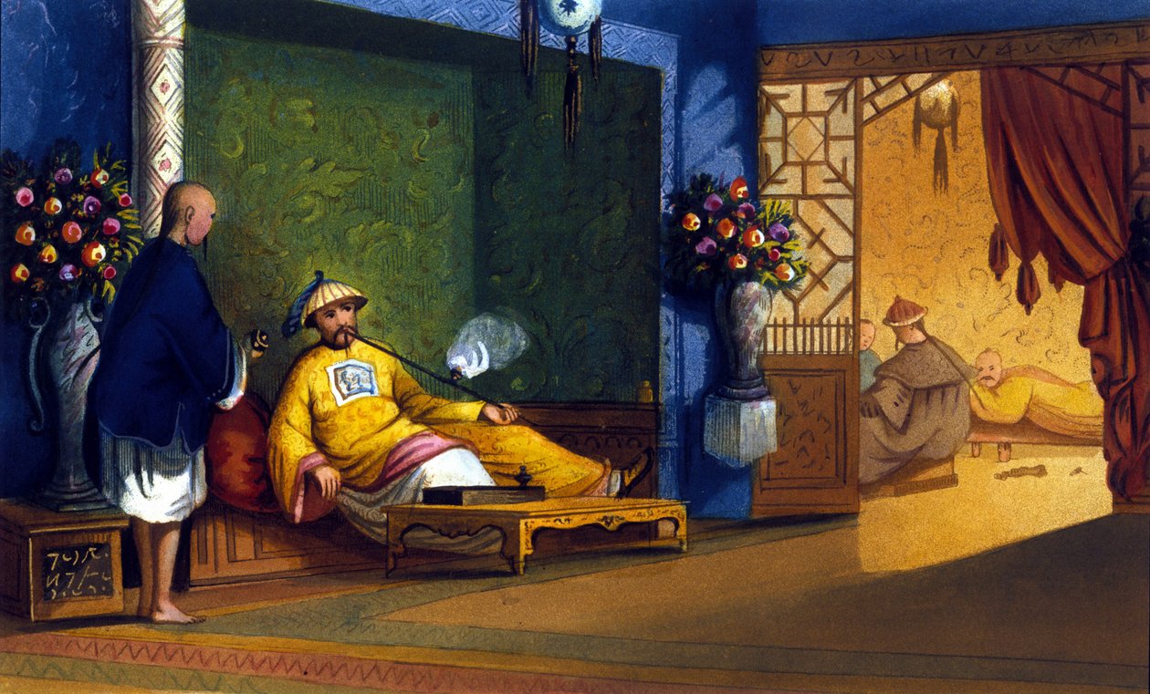 Opium fumery i Kina, gravering omkring 1830. af Unknown artist