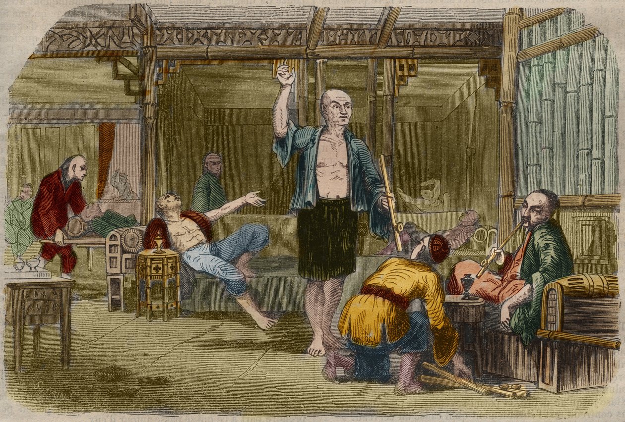 Opiumsrygere i Kina i midten af det 19. århundrede. Indgravering fra 1857 i "" Le Musee Des Sciences"" af Unknown artist