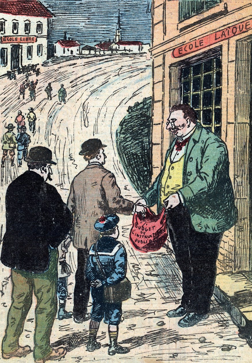 Modsætning mellem sekulær skole og privatskole i Frankrig Karikatur fra "Le pelerin" 24/03/1912 Collection privee af Unknown Artist