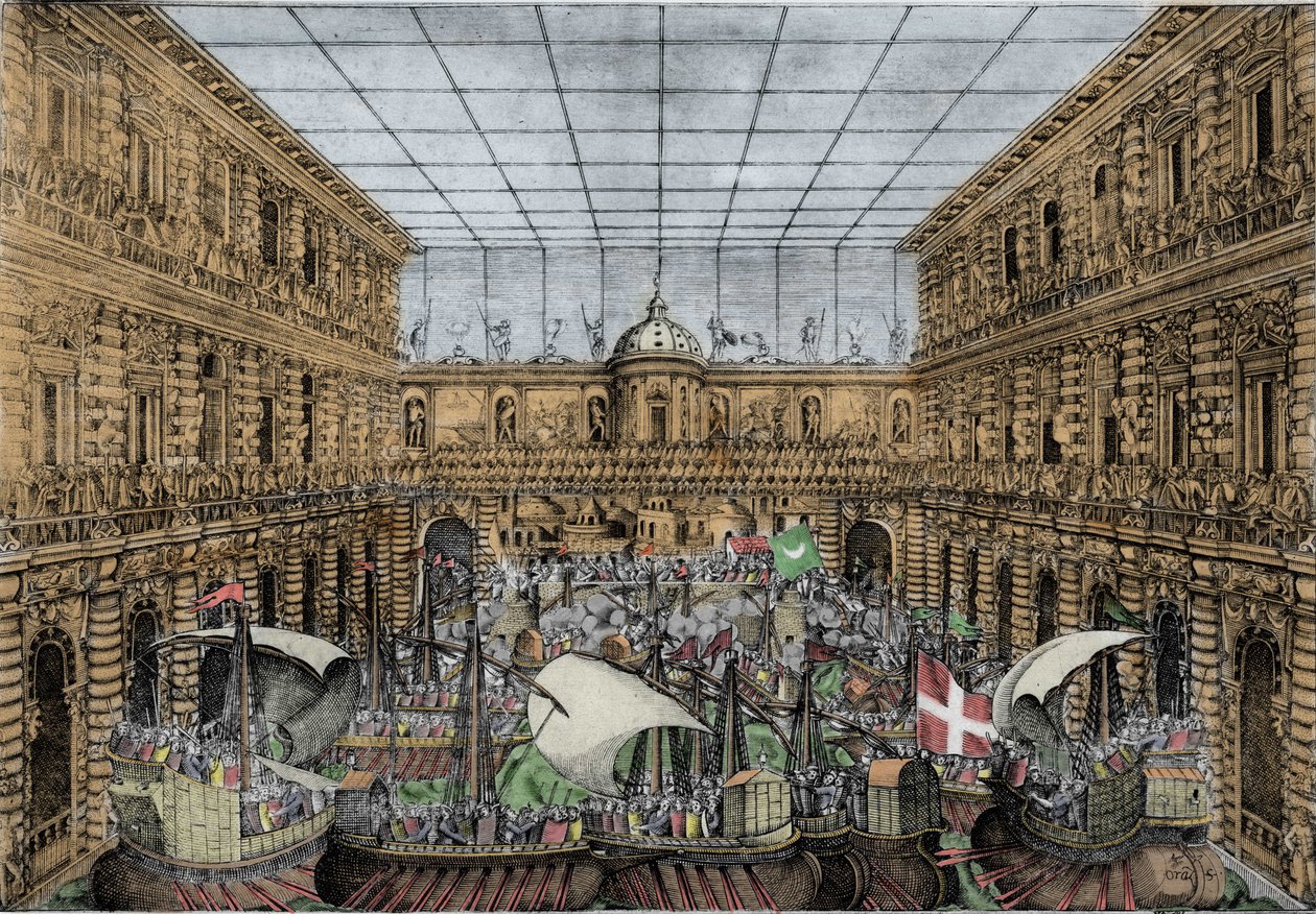 Orazio Scarabelli, Naval Battle Show (naumachia) rejser sig i gården til Palazzo Pitti i Firenze (Medici-familiens kongelige palads, storhertugerne af Toscana) Naumachia i gården til Palazzo Pitti, Firenze af Unknown artist