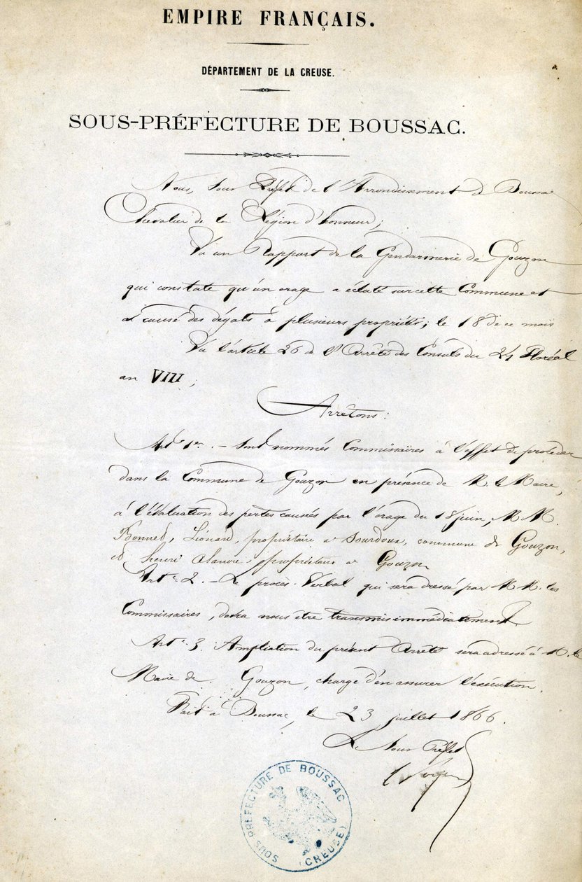 Bekendtgørelse fra underpræfekturet Creuse (Arrondissement of Boussac) af 23. juli af Unknown artist