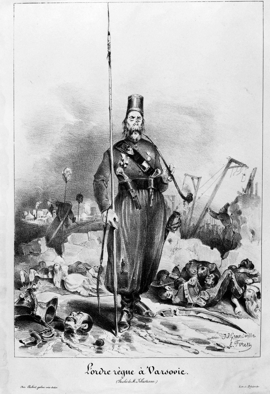 Orden hersker i Warszawa. Tegneserie af Grandville og skov efter ord fra marskal Sebastiani de la Porta (1772-1851) (minister og ambassadør for Louis Philippe). af Unknown artist