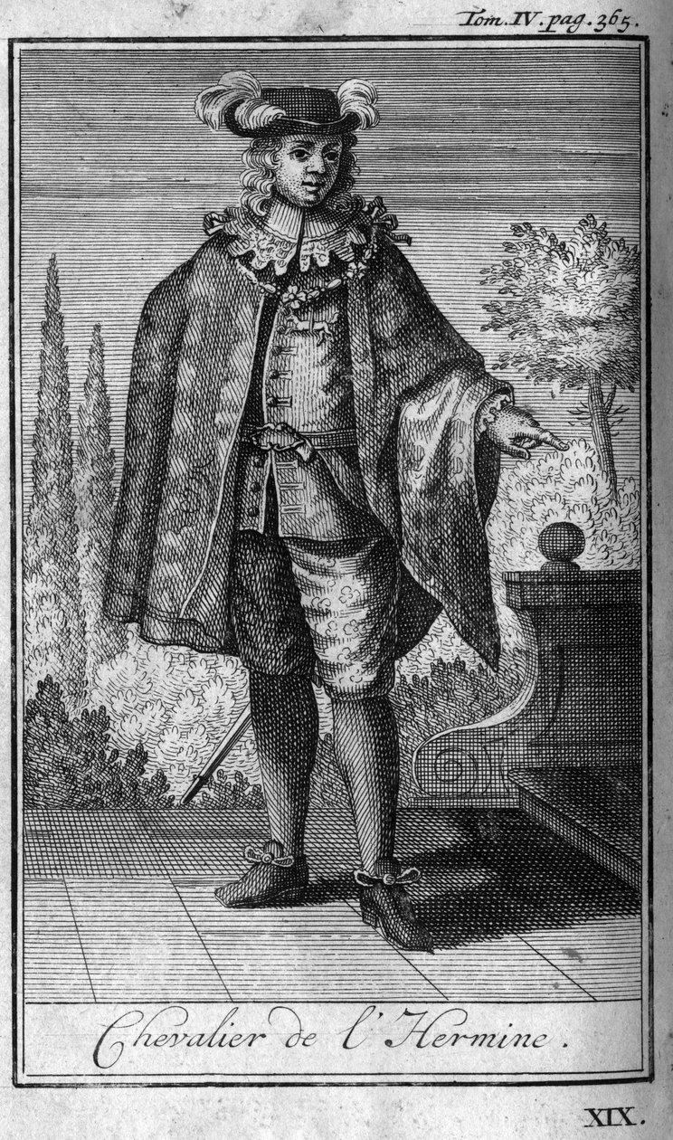 Chevalry-ordener. Ridder af Herminei i Bretagne i det 14. århundrede. I "" Historien om militære ordener eller riddere, om de sikre og rutineprægede militser af begge køn, som er blevet etableret indtil i dag. Udgave taget fra Abbe Giustiniani, R.P.Bo af Unknown artist